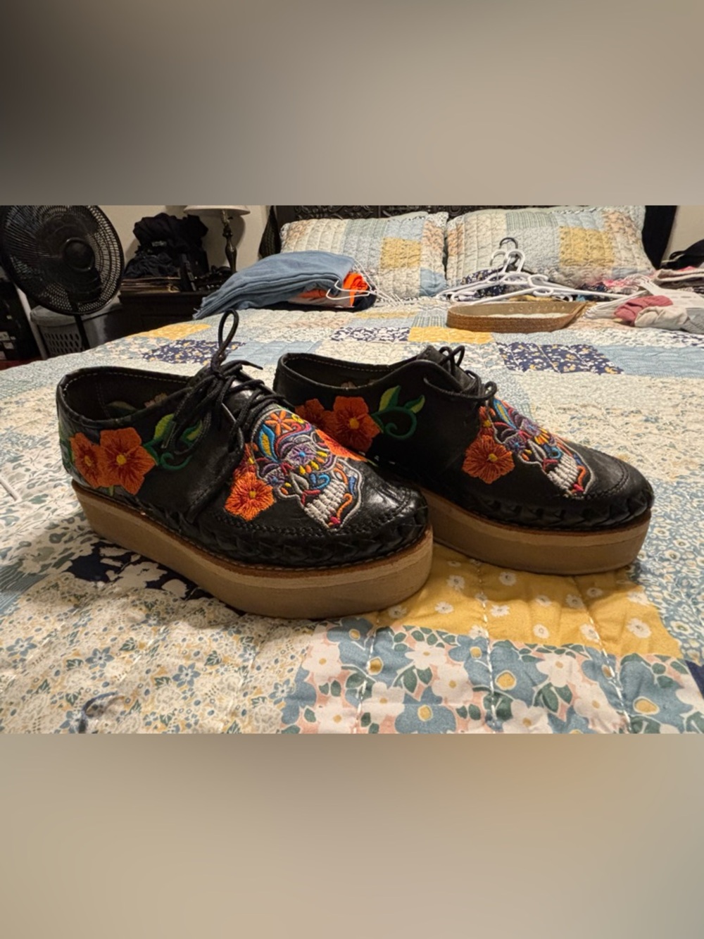 Black Platform Loafers Shoes with Colorful Embroidered Sugar Skull & Flowers